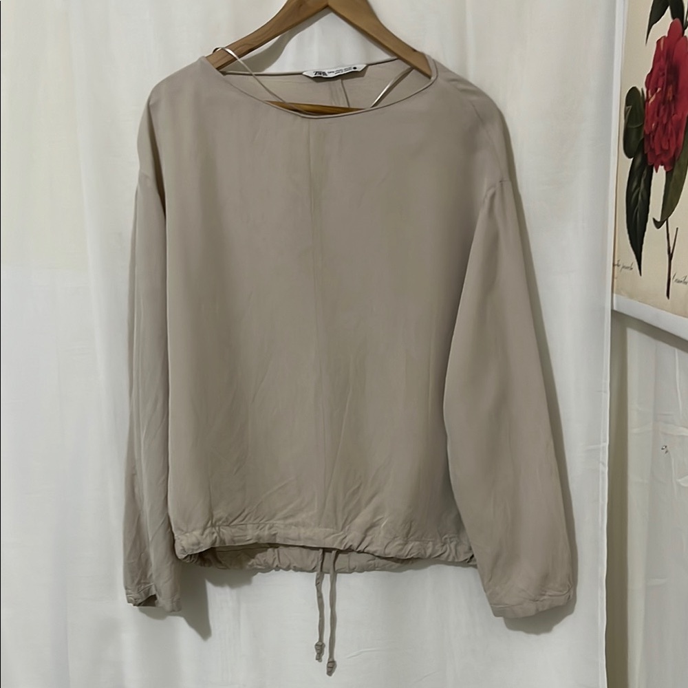 Used Zara Tan Light Long Sleeve Tie Bottom Shirt